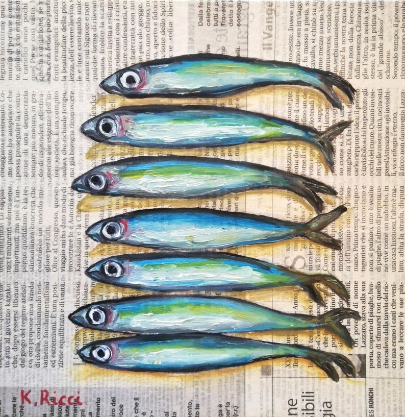 Anchovies Painting Original Fish Art Oil Sardine Newspaper Art Seafood Small Anchovy Artwork Fish Still Life 8 by 8 by Katia Ricci image 1