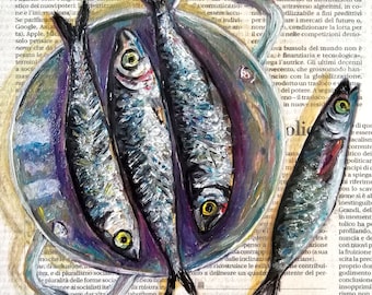 Fish Painting Original Anchovies Sardine in a Pan on Newspaper Seafood Small Rustic Minimal Still Life for Beach House 8 by 8"