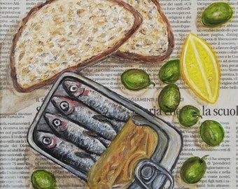 Sardines Tin Oil Painting Original Still Life with Bread Slices Olives Lemon on Newspaper Bakery Food Retro Aesthetic Canned Fish 8 by 8"