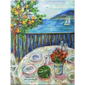 Amalfi Capri Positano Painting Original Oil on Canvas Artwork Italian Sunny Summer Terrace Landscape