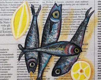 Sardine Fish Painting Lemon Original Still Life Anchovies Small Kitchen Art Food on Newspaper Home Decor 6 by 6"