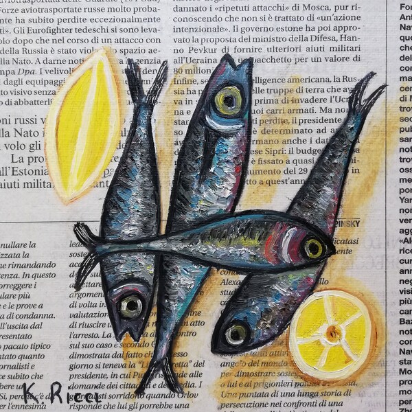 Sardine Fish Painting Lemon Original Still Life Anchovies Small Kitchen Art Food on Newspaper Home Decor 6 by 6"