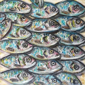 Sardine Painting Original Fish Oil Artwork Beachy Impasto Art Small Anchovy Seafood Still Life Underwater Animal 8 by 8 Gift for Him image 1