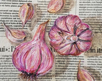 Garlic Original Painting on Newspaper Vegetables Small Still Life Realistic Fine Art in Oil for Gallery Wall 6 by 6"
