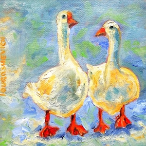 Farmhouse Geese Oil Painting: Italian Wildlife Art, 6x6&quot;