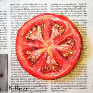 Tomato Painting Original on Newspaper Vegetable Fruit Red Small Realistic Kitchen Still Life for Home Decor or Gift 6 by 6"