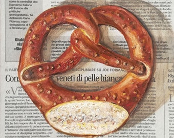 Bread Painting Pretzel Original Food Art on Newspaper Bakery Realistic Small Kitchen Dining Room Decor 8 da 8"