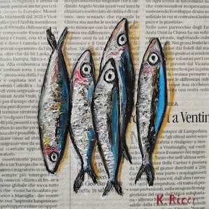 Sardine Fish Original Oil Painting Anchovies Newspaper Art Small Anchovy Artwork Fish Still Life 6 by 6" by SayItWithOriginalArt