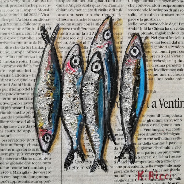 Sardine Fish Original Oil Painting Anchovies Newspaper Art Small Anchovy Artwork Fish Still Life 6 by 6" by SayItWithOriginalArt