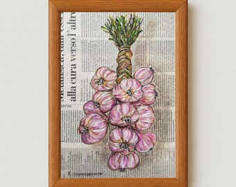 Garlic Oil Painting on Newspaper: Kitchen Still Life Art (12x8")