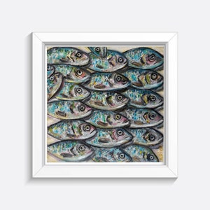 Sardine Painting Original Fish Oil Artwork Beachy Impasto Art Small Anchovy Seafood Still Life Underwater Animal 8 by 8 Gift for Him image 9