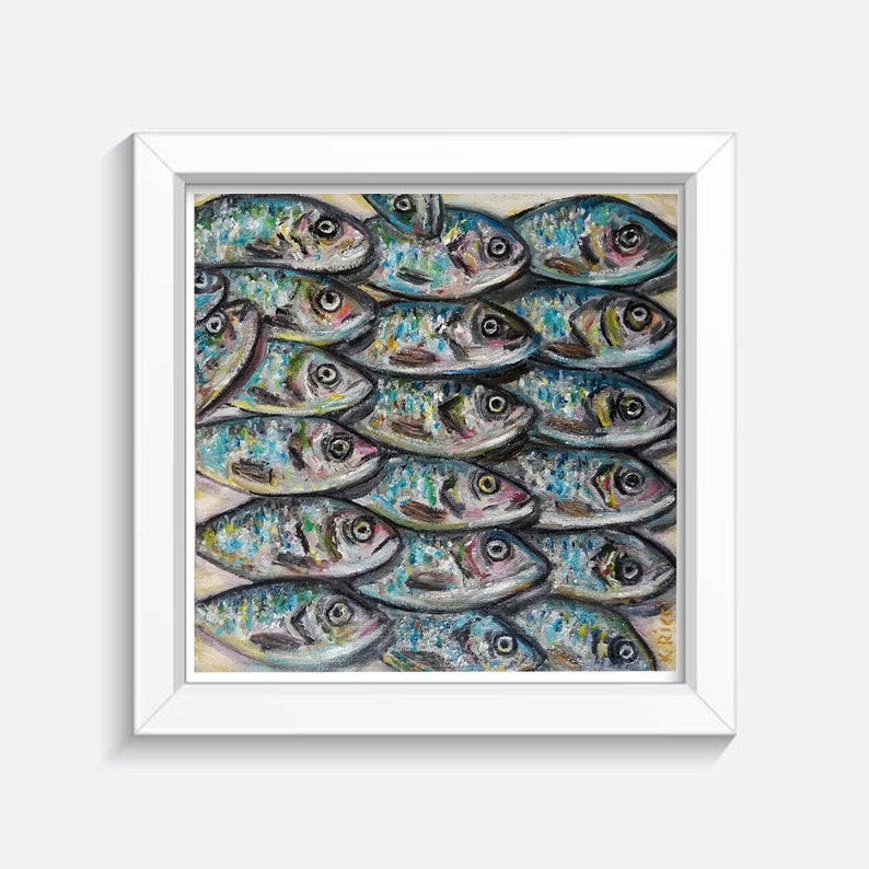 Sardine Painting Original Fish Oil Artwork Beachy Impasto Art Small Anchovy Seafood Still Life Underwater Animal 8 by 8 Gift for Him image 9