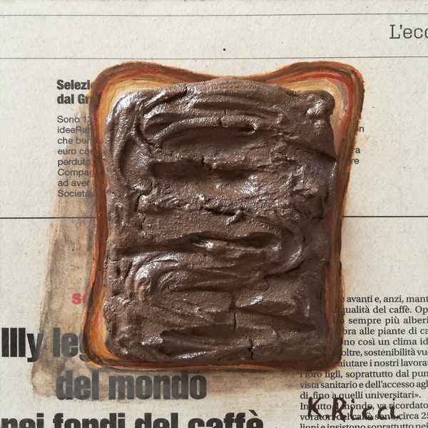 Bread Painting Original Chocolate Toast Textured Food on Newspaper Breakfast Bakery Rustic Art for Farmhouse Decor 6 by 6"