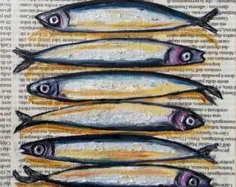 Sardine Fish Painting Original Anchovies Sea Seafood Art on Italian Newspaper Kitchen Impasto Still Life Seaside Gift Decor 6 by 6"