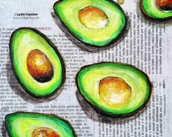 Avocado Original Painting Food on Newspaper Wall Art Exotic Fruit Kitchen Still Life For Apartment Decor or Gift 8 by 8"