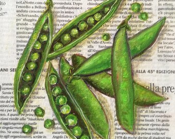 Kitchen Painting Original Pea Pods on Newspaper Vegetable Green Food Nature Still Life Small Art Deco Wall Art 6 by 6" New Home Gift