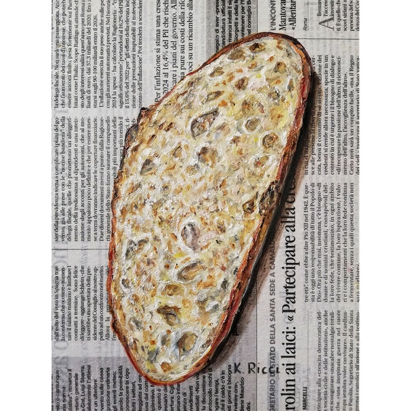 Bread Painting Original Food Art On Newspaper Oil on Canvas Bakery Realistic Contemporary Minimalist Dictionary Art 7x10"