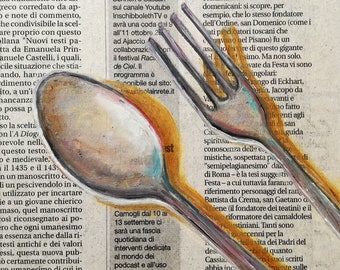 Cutlery Original Painting Art on Newspaper Kitchen Tools Fork Spoon Minimal Neutral Small Wall Decor by Katia Ricci
