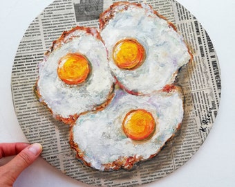 Eggs Original Painting Food on Newspaper Fried Egg Kitchen Art Still life Breakfast Oil Artwork On Round Circule Canvas 12"