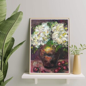 Hydrangea Original Painting Cherries Small Floral Still Life Oil on Canvas Flowers Bouquet in Vase Dark Background Fine Art 5 by 7 immagine 8