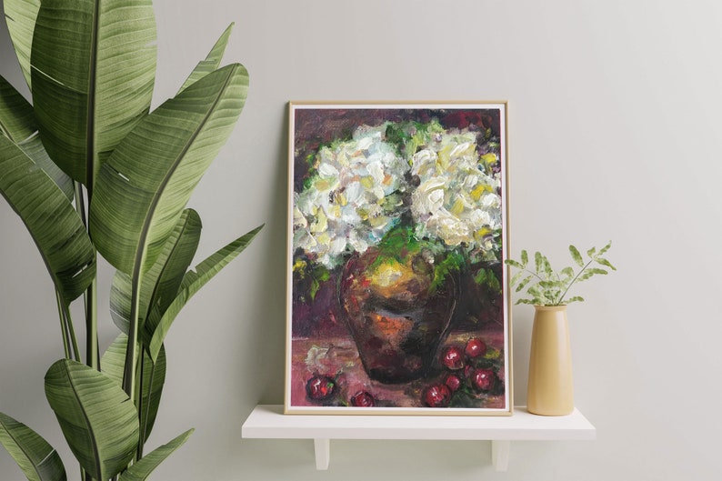 Hydrangea Original Painting Cherries Small Floral Still Life Oil on Canvas Flowers Bouquet in Vase Dark Background Fine Art 5 by 7 immagine 8