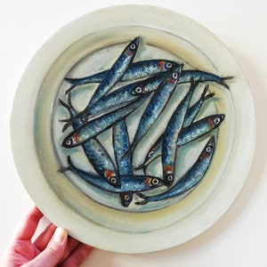 Acciughe arte originale pesce sardina piatto dipinto su tela rotonda impasto di frutti di mare natura morta ristorante arte della parete