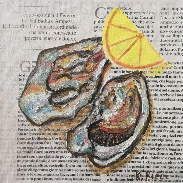 Oysters Painting Original Food on Newspaper Seashell Fish Wall Art Seafood Coastal Art for Kitchen Wall Gallery 6 by 6" by Katia Ricci
