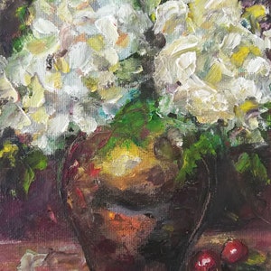 Hydrangea Original Painting Cherries Small Floral Still Life Oil on Canvas Flowers Bouquet in Vase Dark Background Fine Art 5 by 7 immagine 9