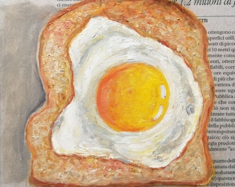 Toast with Fried Egg Original Painting on Newspaper Kitchen Still Life Bread Breakfast Small Maximalist Food Wall Art 6 by 6"