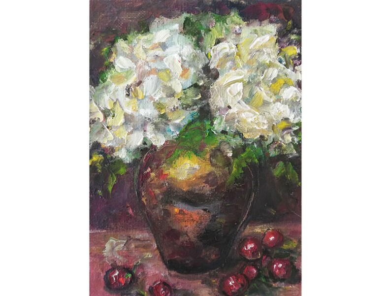 Hydrangea Original Painting Cherries Small Floral Still Life Oil on Canvas Flowers Bouquet in Vase Dark Background Fine Art 5 by 7 immagine 1