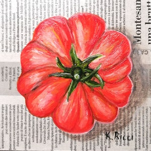 Tomato Painting on Newspaper Food Small Red Ripe Vegetable Wall Art Fruit Square Minimal Retro Artwork 6 by 6" by Katia Ricci