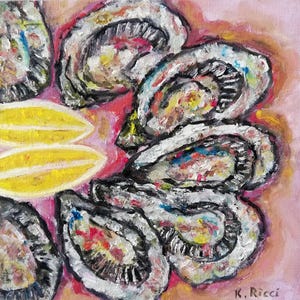 Oysters Oil Painting: Seafood Still Life, Moody Bar Decor (8x8)