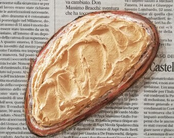 Original Peanut Butter Bread Painting on Newspaper Bakery Kitchen Artwork Small Food Fine Art Breakfast Toast 6 by 6" by Katia Ricci