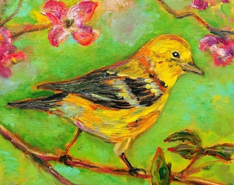Original Bird Oil Painting Bird Perched on Branch Blossom American Robin Small Cute Wildlife Animal Apartment Wall Decor 6 by 6"