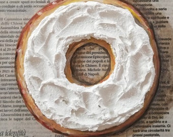 Bagel Original Painting on Newspaper Bread Impasto 3D Canvas Cream Cheese Food Textured Dessert Wall Decor 6 by 6" Gift