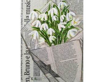 Snowdrop Original Painting On Newspaper Crocus Spring Flowers Bouquet in a Bag Oil on Canvas Impasto Wall Art