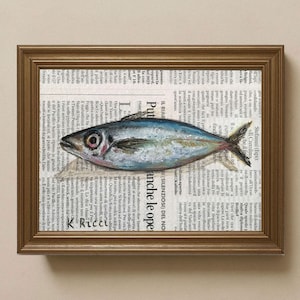 Original Sardine Oil Painting: Kitchen Still Life, Coastal Miniature 5x7&quot;