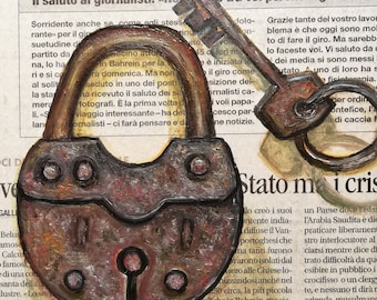 Padlock Painting Original on Newspaper Lock with Key Oil on Canvas Realistic Art Rusty Iron Vintage Antique Rustic Houseware 6 by 6"