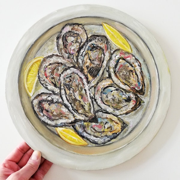 Oysters Original Painting On Round Plate Shellfish Seafood Still Life Canvas Coastal Kitchen Food Wall Art 30 cm