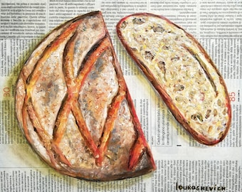 Bread Food Painting Original Art on Newspaper Bakery Realistic Modern Rustic Minimalist Restaurant Decor 12 by 10"