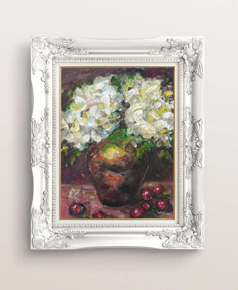 Hydrangea Original Painting Cherries Small Floral Still Life Oil on Canvas Flowers Bouquet in Vase Dark Background Fine Art 5 by 7 immagine 5