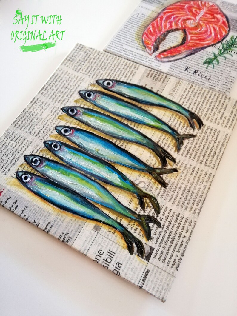 Anchovies Painting Original Fish Art Oil Sardine Newspaper Art Seafood Small Anchovy Artwork Fish Still Life 8 by 8 by Katia Ricci image 6