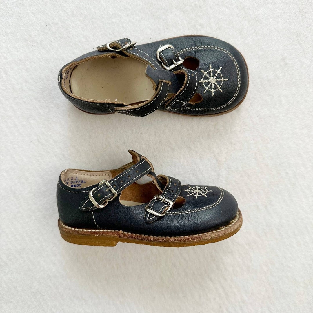 Vintage Unisex Blue Leather T Strap Dress Shoes Etsy