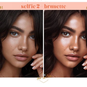 Puede incluir: Foto antes y despu&eacute;s de una mujer con cabello casta&ntilde;o. La foto de la izquierda la muestra con piel natural, mientras que la foto de la derecha la muestra con una tez m&aacute;s pulida y brillante.