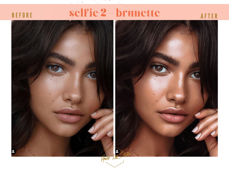 Puede incluir: Foto antes y despu&eacute;s de una mujer con cabello casta&ntilde;o. La foto de la izquierda la muestra con piel natural, mientras que la foto de la derecha la muestra con una tez m&aacute;s pulida y brillante.