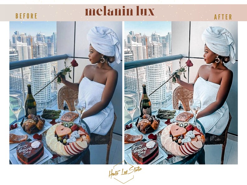 Puede incluir: Una cena rom&aacute;ntica de San Valent&iacute;n para dos en un balc&oacute;n con vistas a la ciudad. La mesa est&aacute; puesta con una botella de champ&aacute;n, dos copas, un plato de fruta, un plato de pollo asado y un pastel de chocolate que dice "Feliz D&iacute;a de San Valent&iacute;n".