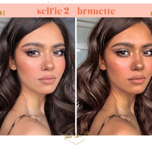 Puede incluir: Foto antes y despu&eacute;s de una mujer con el pelo largo y casta&ntilde;o. La foto de la izquierda muestra a la mujer con un maquillaje m&iacute;nimo. La foto de la derecha muestra a la mujer con un look de ojos m&aacute;s dram&aacute;tico y rubor. El texto "selfie 2 brunette" est&aacute; escrito encima de las fotos.