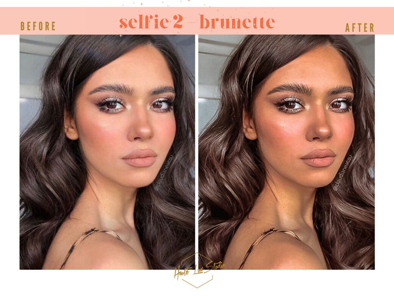 Puede incluir: Foto antes y despu&eacute;s de una mujer con el pelo largo y casta&ntilde;o. La foto de la izquierda muestra a la mujer con un maquillaje m&iacute;nimo. La foto de la derecha muestra a la mujer con un look de ojos m&aacute;s dram&aacute;tico y rubor. El texto "selfie 2 brunette" est&aacute; escrito encima de las fotos.