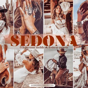 Könnte beinhalten: Eine Collage mit sechs Bildern zum Thema Wüste, mit dem Wort "SEDONA". Die Bilder zeigen Frauen in Western-Outfits, Hüten und Schmuck. Der Text "6 Lightroom mobile & desktop presets" und "BOMBSHELL COLLECTION" ist ebenfalls sichtbar.