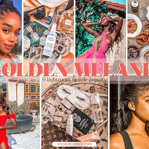 Puede incluir: Un collage de imágenes que presenta seis ajustes preestablecidos móviles de Lightroom diseñados para mejorar las fotos de personas con tonos de piel más oscuros. Los ajustes preestablecidos se llaman "Golden Melanin" y forman parte de la "Melanin Collection".